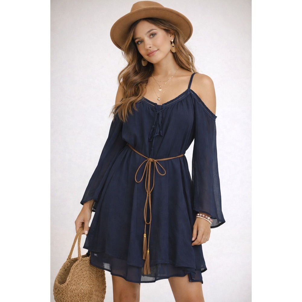 Purple Snow Short Tunic Dress M Blue Boho Off Shoulder Crinkle Fabric Belted